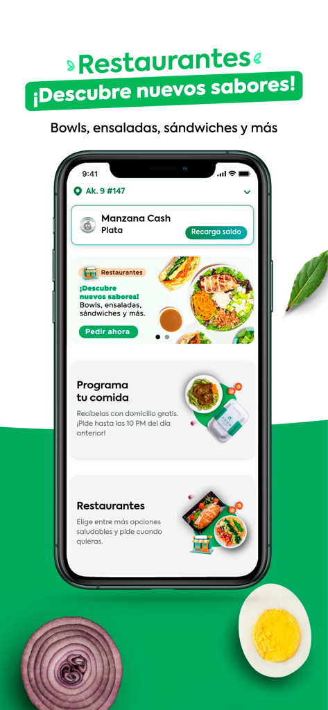 Manzana Verde - Healthy food - Pantalla de la app Manzana Verde mostrando opciones de comidas saludables que incluyen bowls y ensaladas con funciones para programar comidas y pedir a restaurantes