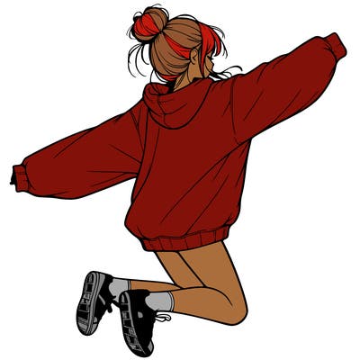 realistic girl jumping with a bun and oversized sweatshirt