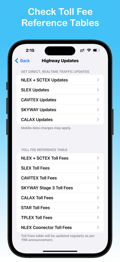 RFID Wallet EasyTrip AutoSweep - A mobile app screen displaying highway traffic updates and toll fee reference tables for Philippine expressways