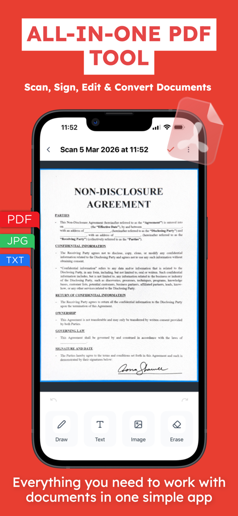 PDF Editor: Scan & Sign Doc - iPhone screen showing a signed non disclosure agreement document in the PDF Editor app