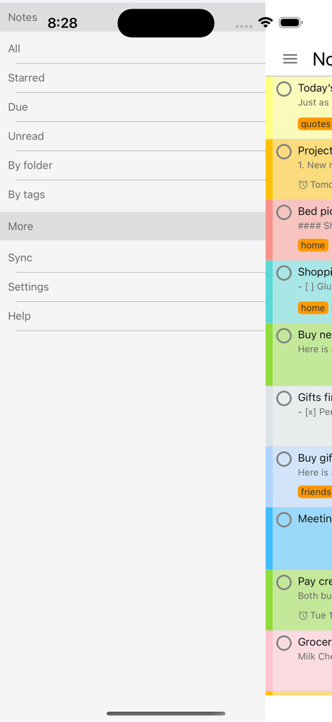 Notezilla - Notes & Reminders - Interfaz de la aplicación móvil Notezilla mostrando la barra lateral de navegación y la lista de notas adhesivas codificadas por colores