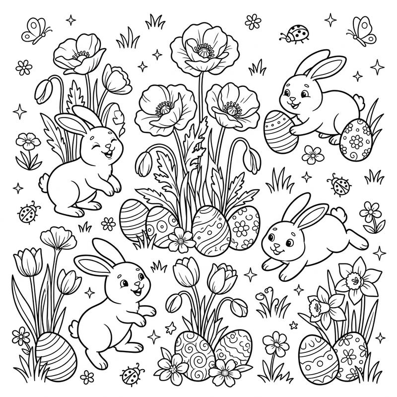 Celebrate Easter with this delightful coloring page featuring playful bunnies amidst vibrant poppy buds and festive eggs. Designed with kids in mind, it offers a balanced and cheerful spring coloring experience.