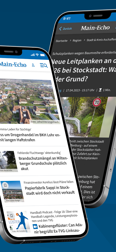 Main-Echo - Dos smartphones que muestran la aplicación de noticias Main-Echo con titulares regionales alemanes y listados de pódcasts