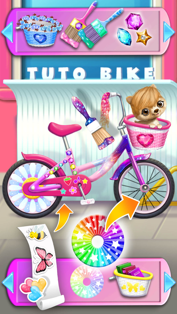 A bike decorating screen in the Sweet Baby Girl Cleanup 6 app featuring a pink bicycle and a puppy in a basket.