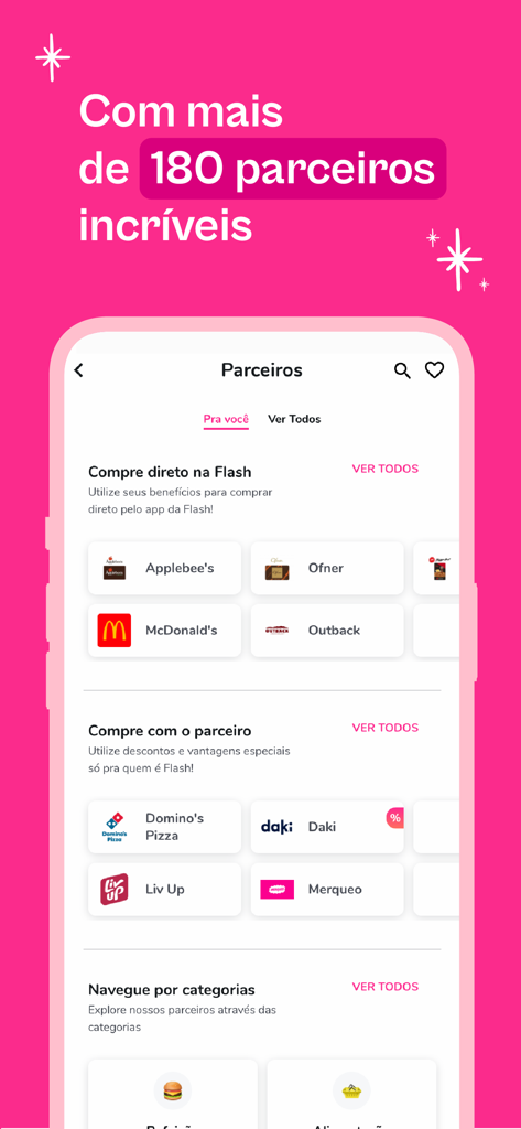 Flash app interface displaying corporate benefit partners including McDonald's, Outback, and Domino's Pizza