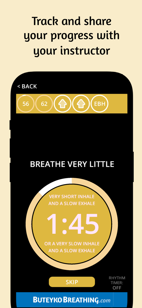 Buteyko Pro - A screenshot of the Buteyko Pro app showing a breathing exercise timer with instructions to breathe very little