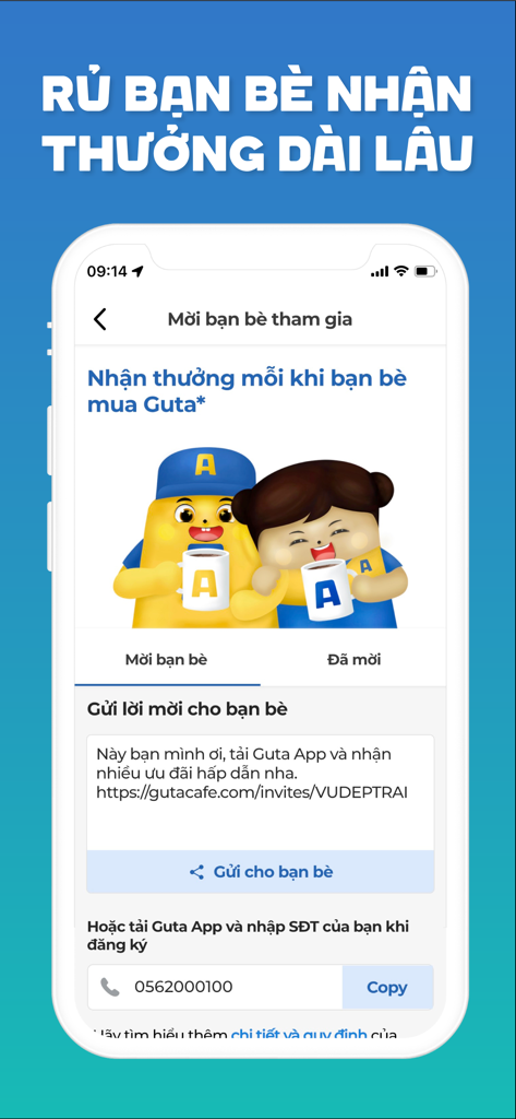 Guta App - Guta App screen showing how to invite friends and earn coffee rewards through a referral link