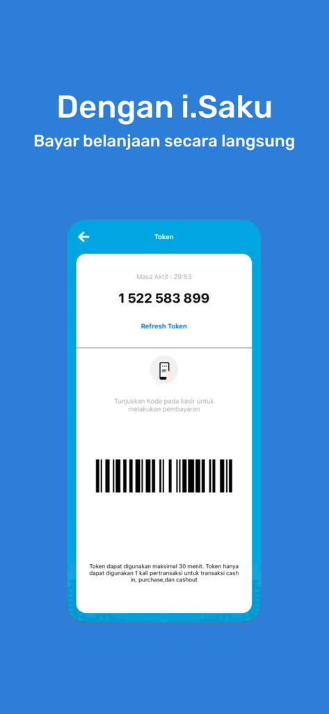 Interfaz de la aplicación Indomaret Poinku mostrando un código de barras de pago i.Saku y un token numérico para el pago en caja
