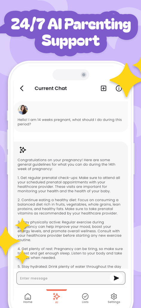Pregnancy, Baby Tracker －Yuppy - Screenshot dell'app Yuppy che mostra un'interfaccia di chat AI che fornisce supporto genitoriale 24/7 e consigli sulla gravidanza