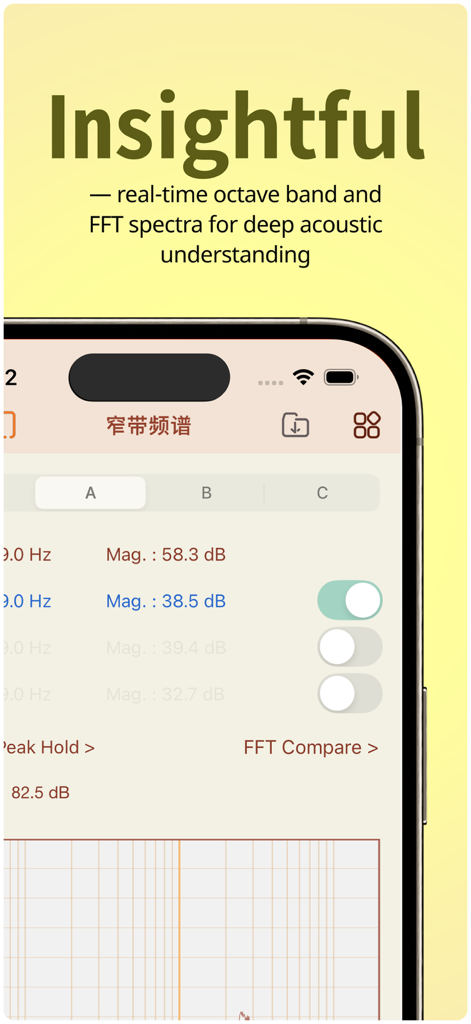 NoiseLab: Noise Meter,SLM,dB - Interface do aplicativo NoiseLab mostrando espectros de oitava e FFT em tempo real para análise acústica