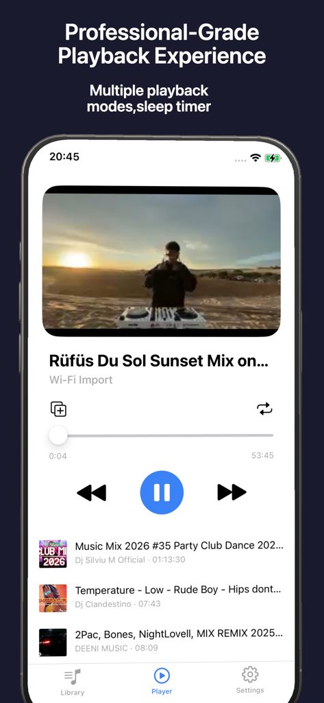Music Player -Offline Playback - Music Player app playback screen showing audio controls and an imported song list