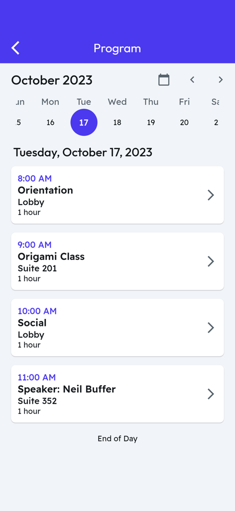 MyEvent by Member Minder Pro - Una interfaz de aplicación móvil que muestra un programa diario de eventos con actividades programadas como orientación y ponentes.