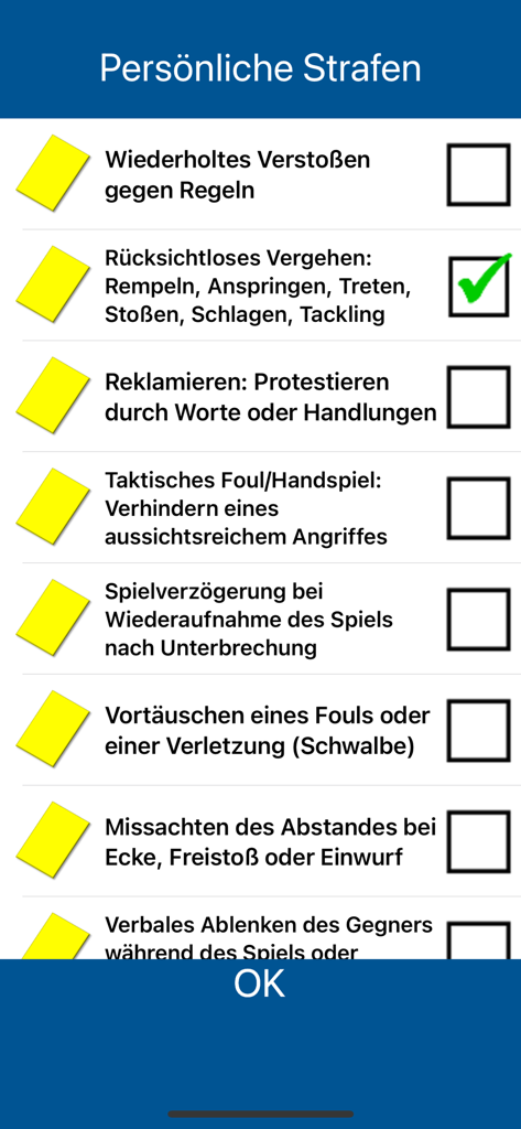 Schiri-App - A checklist screen in the soccer referee app showing various reasons for issuing a yellow card during a match