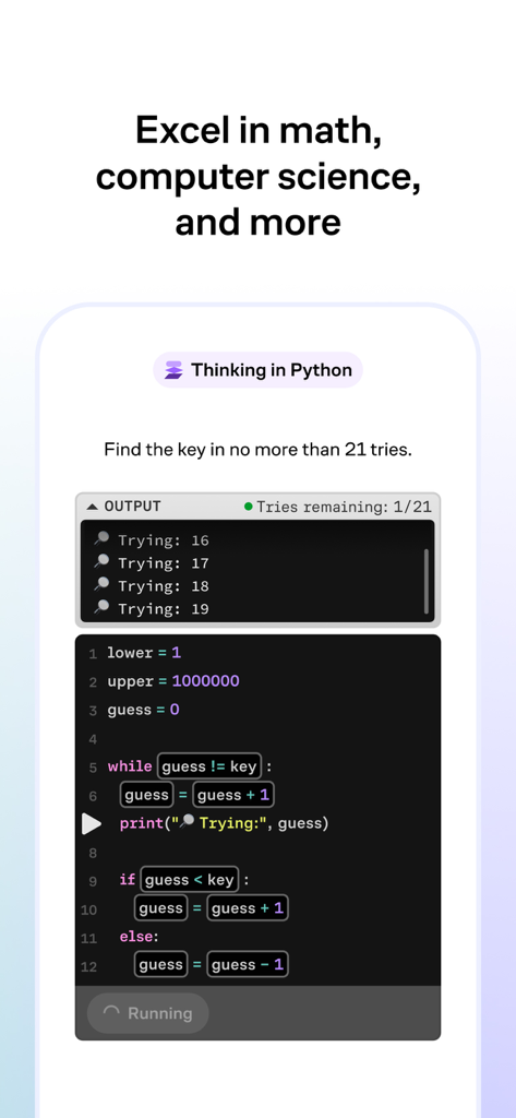 An interactive Python coding lesson and logic puzzle in the Brilliant app