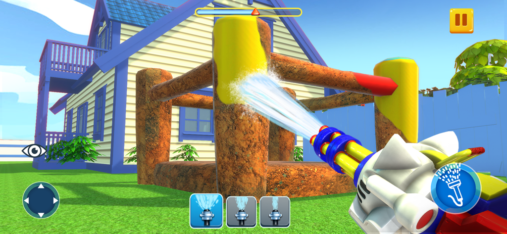 Car Washing Game: Car Clean 3D - Visão em primeira pessoa de uma lavadora de alta pressão limpando sujeira de uma estrutura de jardim em um jogo de simulação 3D