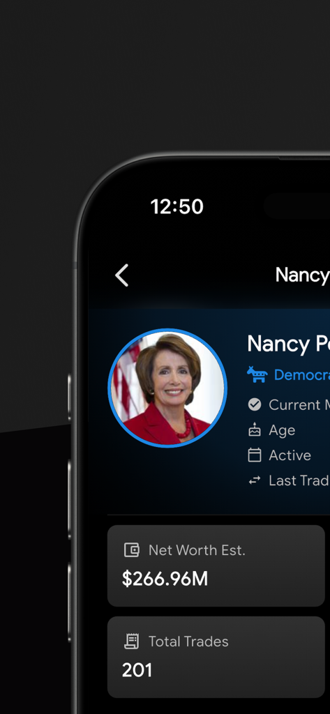 Quiver Quantitative - Uma tela de perfil no aplicativo Quiver Quantitative exibindo o patrimônio líquido estimado e a atividade de negociação de um político dos EUA