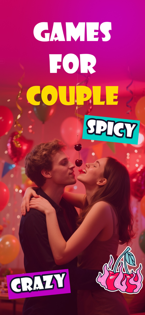 Una joven pareja abrazándose en una fiesta con superposiciones de texto de juegos picantes y locos