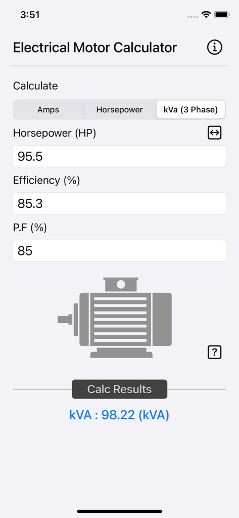 Electrical Motor Calculator - Screenshot of the Electrical Motor Calculator app showing a kVA three phase calculation result