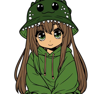 girl with anime shaped eyes with a dinosaur bucket hat oversized sweatshirt long straight hair
