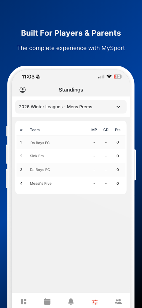 MySport - Mobile screen showing sports league standings and team rankings in the MySport app