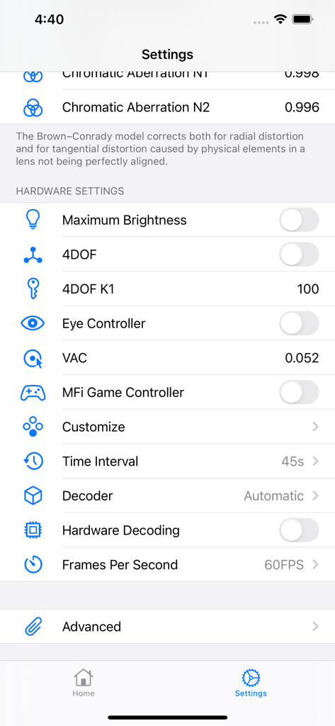 VR Player : 3D VR 360 VR Video - The technical settings screen of the VR Player app showing hardware and video adjustment options