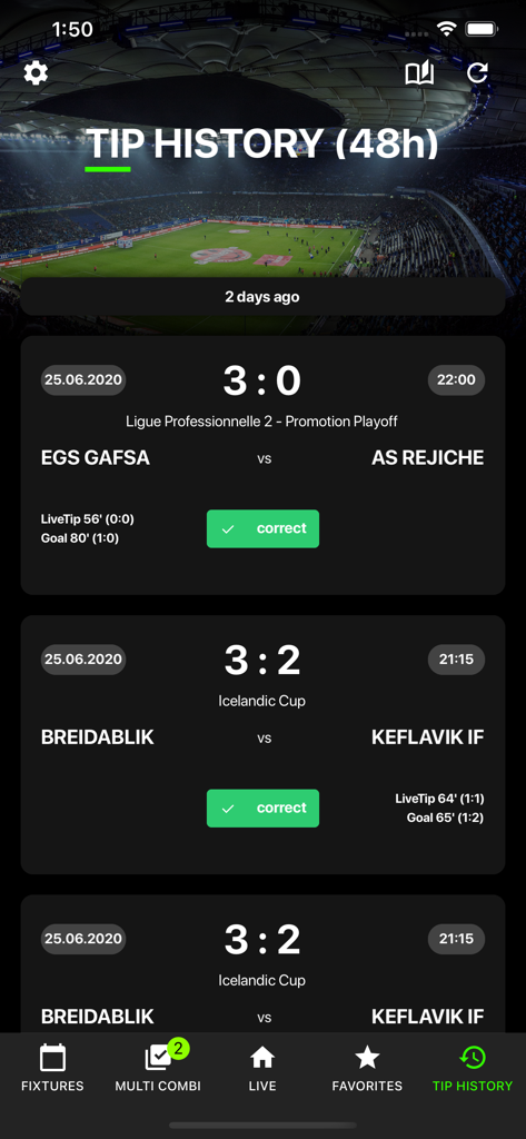 1x2LiveTip - Screenshot of the 1x2LiveTip app tip history screen showing past soccer match predictions and results