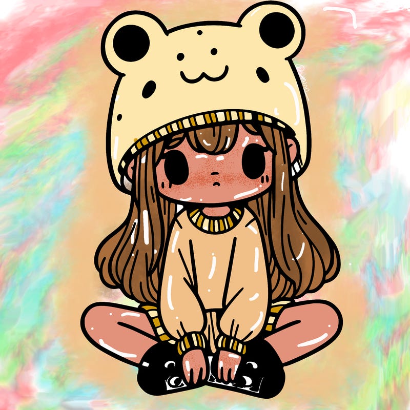 a girl wearing a frog hat and some frog socks