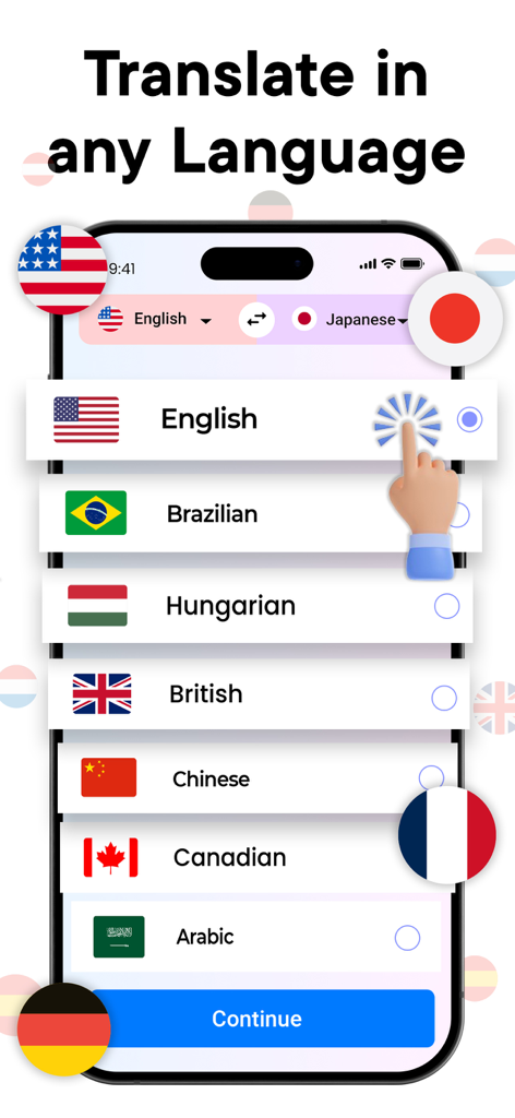 Smartphone screen showing a language selection menu in the Translate Now app with various country flags and languages.