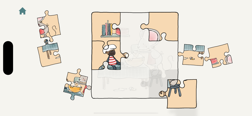 A hand-drawn jigsaw puzzle for toddlers featuring Little Mouse and Bear in a kitchen setting