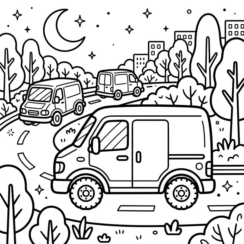 Ignite your imagination with this captivating coloring page featuring busy delivery vans navigating quiet city streets under a starry night sky. Perfect for young artists and adults who love vehicles and nighttime scenes.