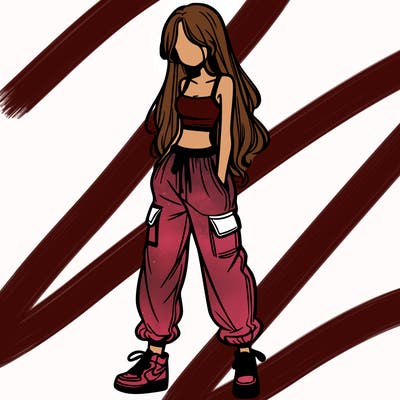 girl in baggy pants crop top and long hair