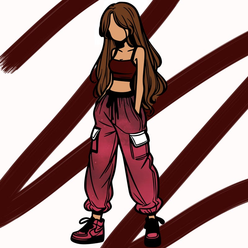 girl in baggy pants crop top and long hair