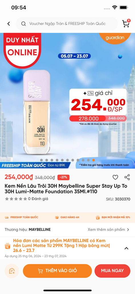 Página de producto de base Maybelline Super Stay en la aplicación móvil Guardian VN