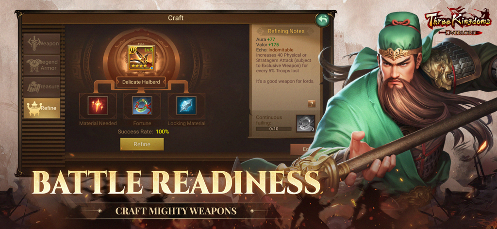 A weapon crafting and refinement menu in Three Kingdoms Overlord featuring a character portrait and the text Battle Readiness.