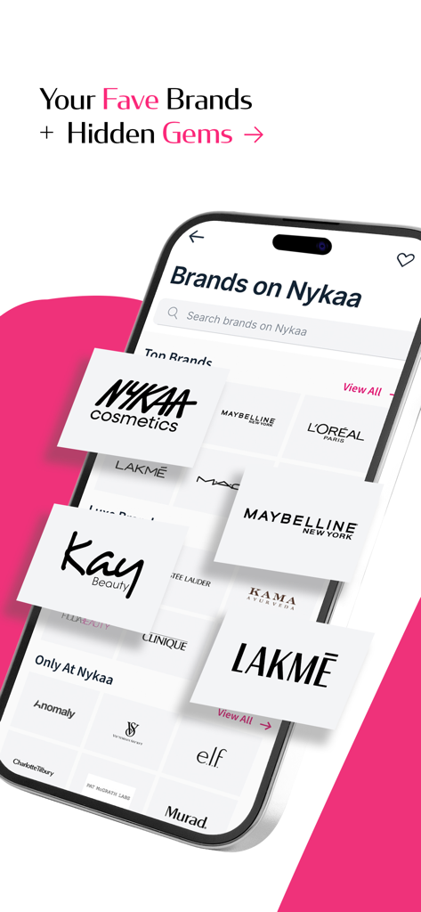 Nykaa – Makeup/Beauty Shopping - Nykaa app interface showing top beauty brands like Lakme Maybelline and Kay Beauty