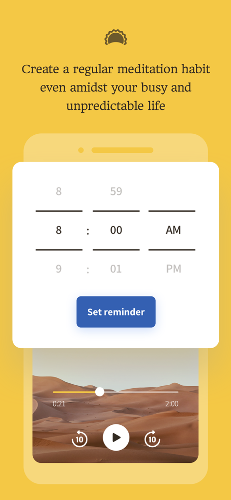 The Happy Habit - Interface for setting a daily meditation reminder in The Happy Habit app