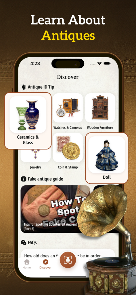 RelicSnap - Antique Identifier - Interface do aplicativo RelicSnap mostrando categorias de antiguidades para identificação