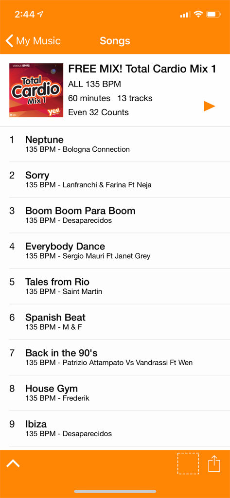 Yes!GO - YesGO mobile app interface displaying a total cardio mix with 135 BPM fitness songs