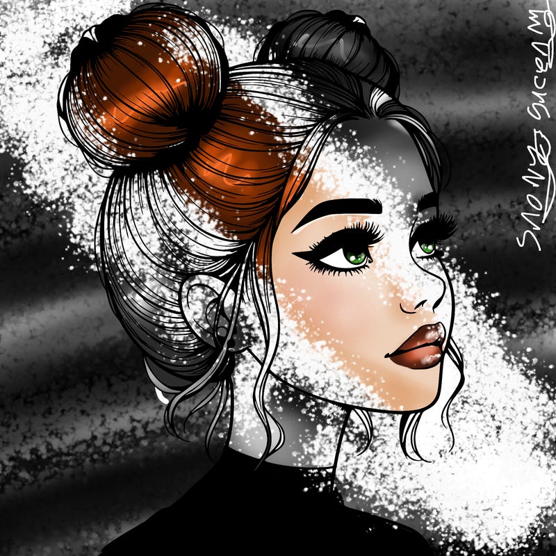 realistic girl with buns on the top of her head