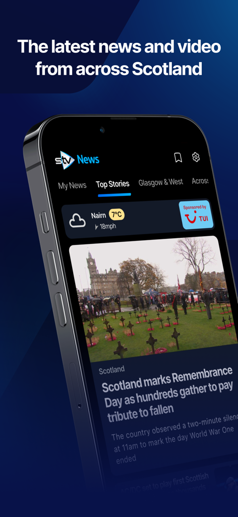 STV News - STV News app interface showing Scottish headlines and weather forecast on a smartphone.