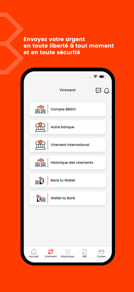 myBridge Touch - Una pantalla móvil de la aplicación myBridge Touch que muestra varias opciones de transferencia de dinero, incluidas transferencias internacionales y servicios de billetera móvil