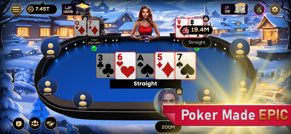 LaLa Poker - Juego de Texas Holdem en línea de LaLa Poker con un fondo de invierno y una mano de escalera ganadora