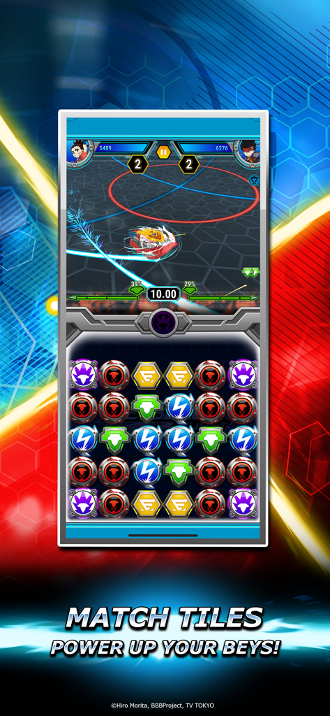 Jugabilidad de batalla de puzzle match-3 de Beyblade Burst Rivals con peonzas giratorias en un estadio