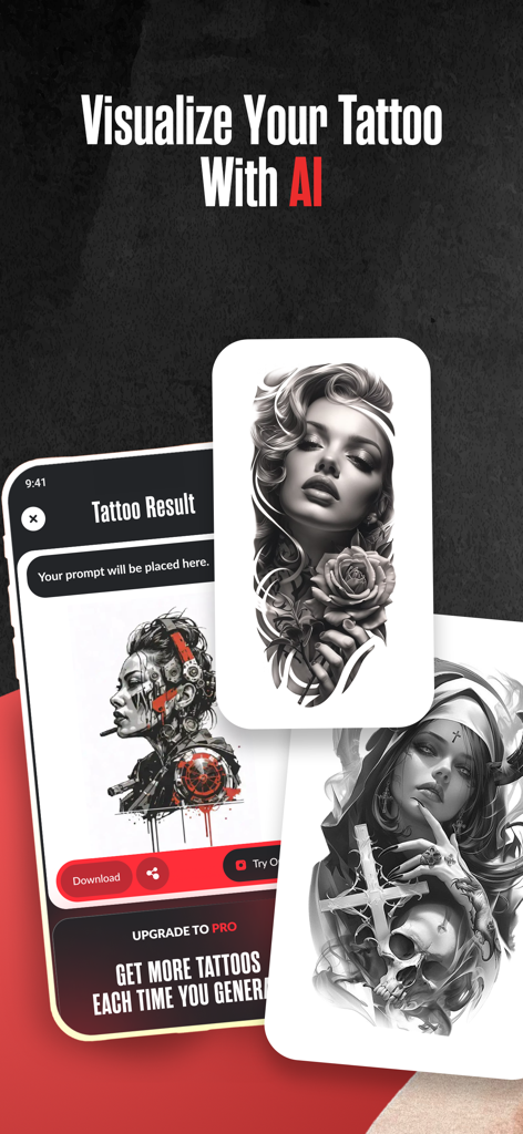 Tattoo Maker: Ink Design Art - AI generated tattoo designs on a mobile app interface