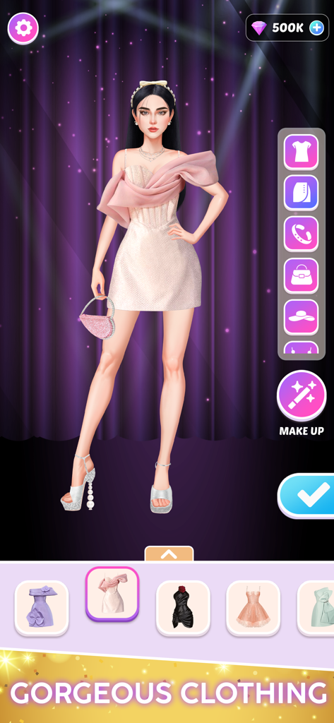 A stylish fashion model wearing a light pink dress and heels in the makeup stylist app