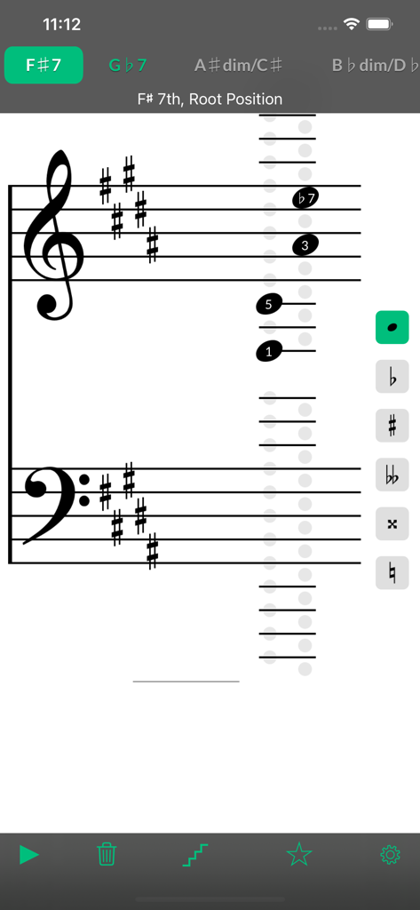 Reverse Chord Finder Pro - Reverse Chord Finder Pro music score mode identifying an F sharp seventh chord