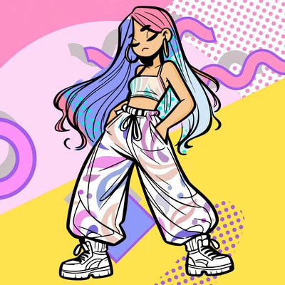 girl in baggy pants crop top and long hair