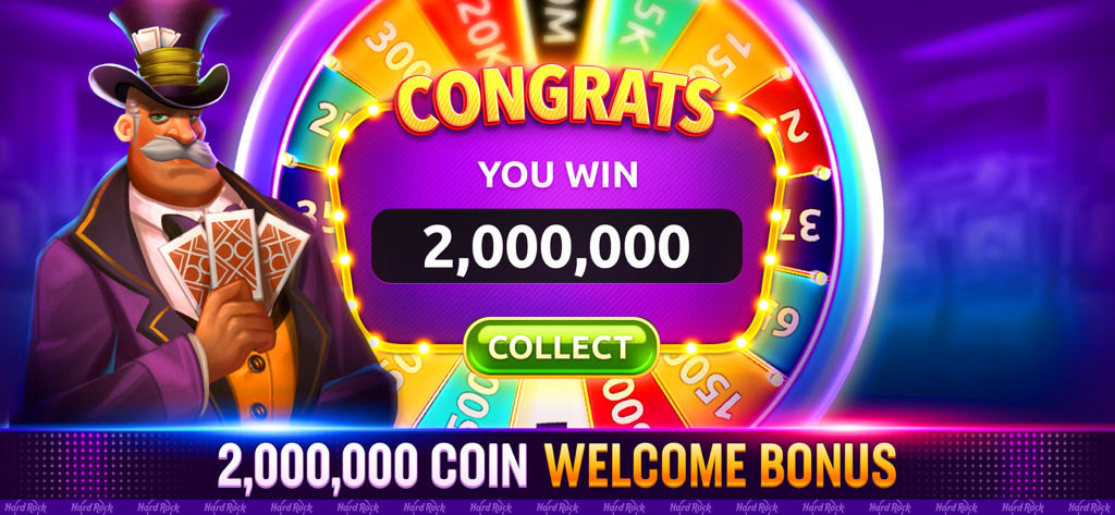 Hard Rock Neverland Casino welcome bonus screen showing a character in a top hat and a two million coin prize