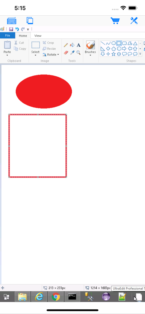 La aplicación Connect My PC muestra un escritorio remoto de Windows con Paint abierto en la pantalla de un iPhone.