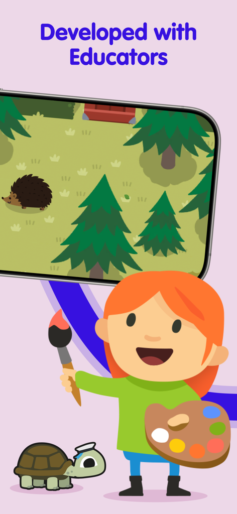 Fiete PlaySchool for kids 5+ - An illustrated girl holding a paintbrush and palette next to a turtle and an educational forest game screen
